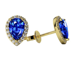 4.50 Carats Pear Shape Sapphire With Round Diamonds Studs Halo Yg 14K