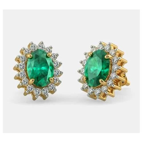 4.80 Ct Green Emerald With Diamond Stud Earring 14K Yellow Gold - Gemstone Earring-harrychadent.ca