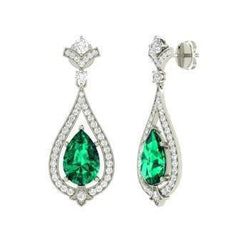 4.85 Carats Green Emerald With Natural Earth Mined Diamonds Earrings White Gold 14K