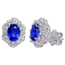4 Ct Blue Oval Sapphire And Round Diamond Stud Earring White Gold 14K