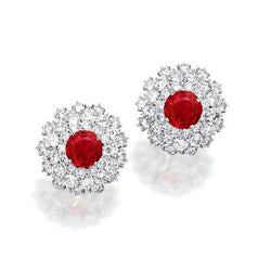 4 Ct White Gold 14K Red Round Cut Ruby & Natural Earth Mined Diamond Stud Halo Earrings