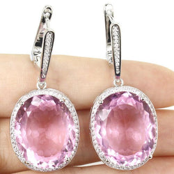 41.36 Ct Pink Oval Cut Kunzite With Natural Earth Mined Diamond Women Hoop Earrings