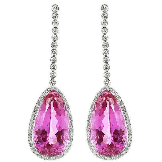 41.42 Ct Pink Pear Cut Kunzite With Diamond Drop Earrings Gold 14K - Gemstone Earring-harrychadent.ca