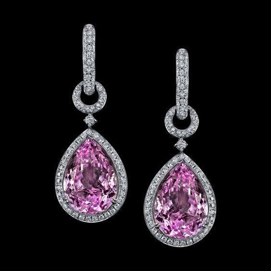 43 Carats Pink Kunzite Diamond Dangle Lady Earring White Gold - Gemstone Earring-harrychadent.ca