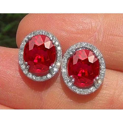 5.12 Carats Red Ruby With Natural Earth Mined Diamond Stud Lady Earring White Gold 14K