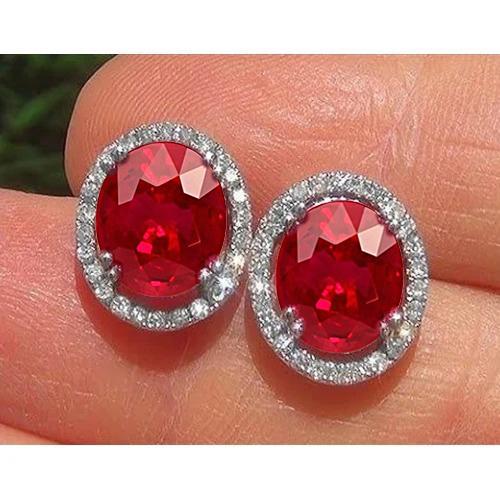 5.12 Carats Red Ruby With Diamond Stud Lady Earring White Gold 14K - Gemstone Earring-harrychadent.ca