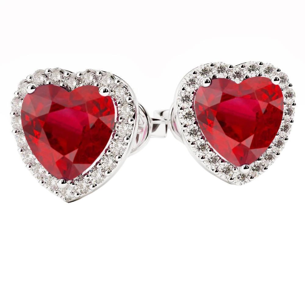 5.20 Carats Heart Cut Red Ruby & Diamond Stud Earring White Gold 14K - Gemstone Earring-harrychadent.ca