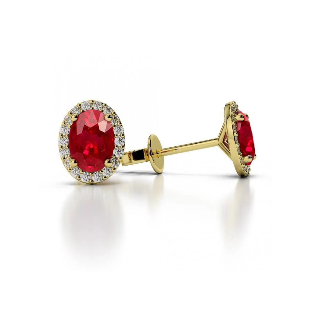 5.20 Carats Oval Cut Ruby With Round Diamond Stud Halo Earrings - Gemstone Earring-harrychadent.ca