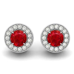 5.50 Carats Round Cut Ruby With Natural Earth Mined Diamonds Halo Studs Earrings