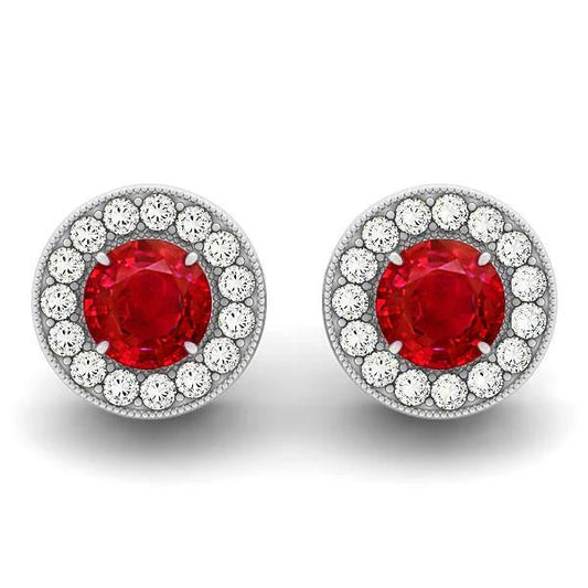 5.50 Carats Round Cut Ruby With Diamonds Halo Studs Earrings - Gemstone Earring-harrychadent.ca