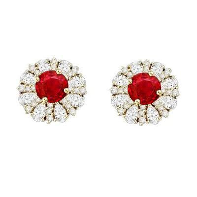 5.50 Carats Ruby Diamond Cluster Women Studs Earrings Yellow Gold 14K - Gemstone Earring-harrychadent.ca