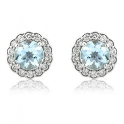 5.60 Carats Round Aquamarine With Natural Earth Mined Diamonds Earrings White Gold 14K