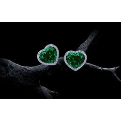 5.70 Carats Heart Green Emerald With Natural Earth Mined Diamond Stud Earring 14K White Gold