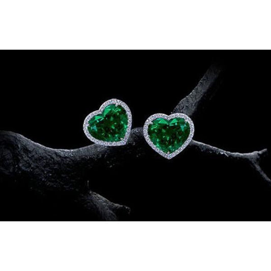 5.68 Carats Heart Emerald With Diamond Stud Earring 14K White Gold - Gemstone Earring-harrychadent.ca