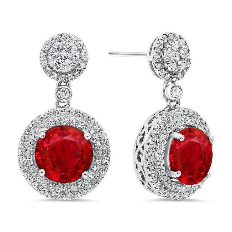 5.82 Carats Round Cut Ruby With Diamonds Dangle Earrings White Gold - Gemstone Earring-harrychadent.ca