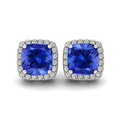 5.90 Carats Tanzanite And Natural Earth Mined Diamonds Studs Earrings 14K White Gold