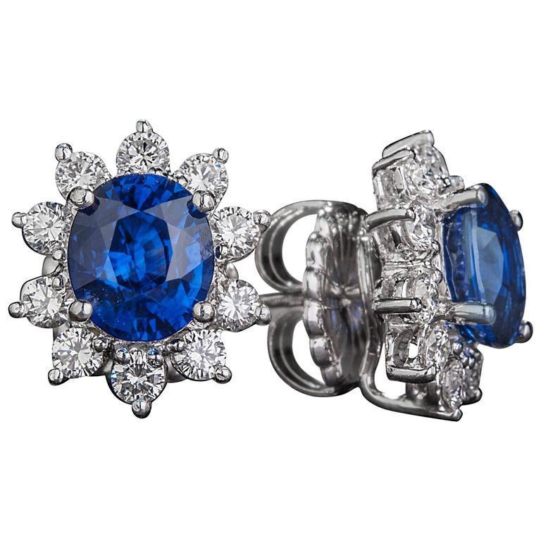 5 Carats Blue Sapphire Cluster Diamond Lady Studs Earring White Gold - Gemstone Earring-harrychadent.ca