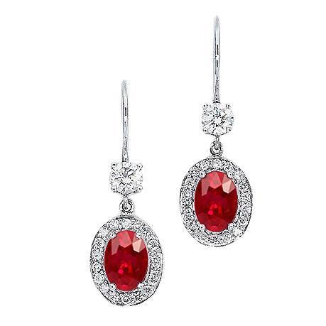 5 Carats Oval Red Ruby With Diamond Dangle Earring White Gold 14K - Gemstone Earring-harrychadent.ca