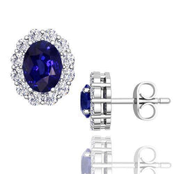 6.40 Ct Oval Sapphire And Natural Earth Mined Diamonds Ladies Studs Earring White