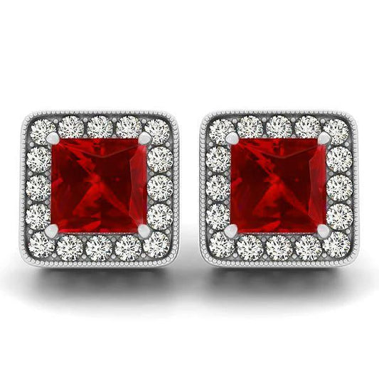 6.70 Ct Ruby With Diamonds Lady Studs Earrings White Gold 14K - Gemstone Earring-harrychadent.ca