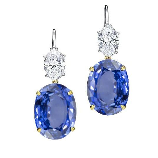6 Carat Oval Ceylon Sapphire Diamonds Dangle Earring Two Tone Gold - Gemstone Earring-harrychadent.ca