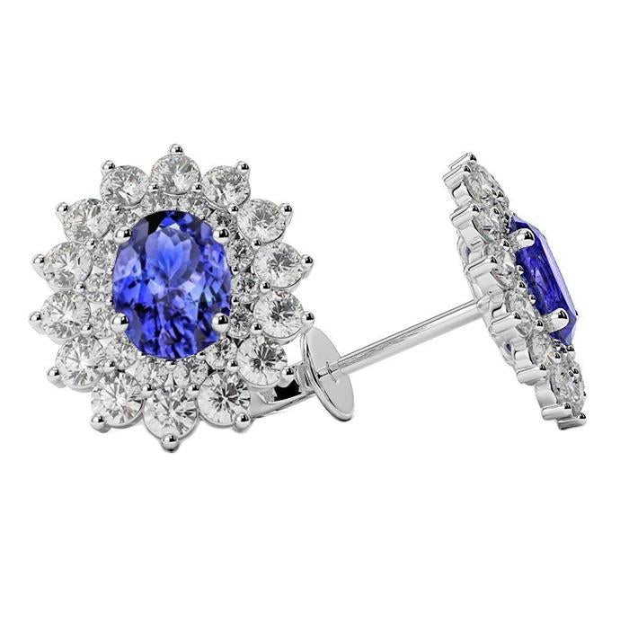 6 Carats Blue Tanzanite And Diamonds Women Studs Earrings Gold 14K - Gemstone Earring-harrychadent.ca