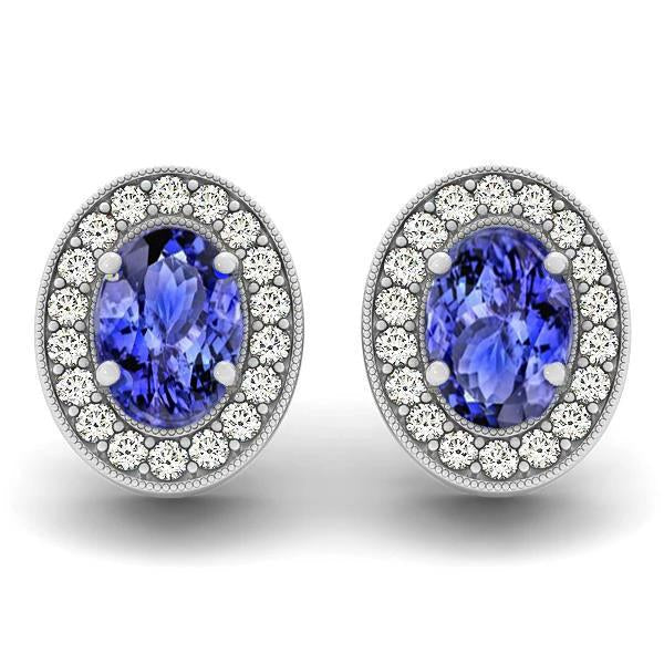 6 Ct Halo Blue Tanzanite And Diamond Stud Earrings 14K White Gold - Gemstone Earring-harrychadent.ca