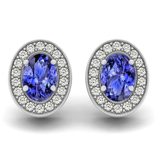 6 Ct Halo Blue Tanzanite And Diamond Stud Earrings 14K White Gold - Gemstone Earring-harrychadent.ca