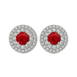 6 Ct Round Cut Ruby And Natural Earth Mined Diamonds Studs Earrings Halo 14K White Gold