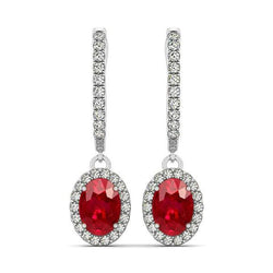 7.06 Carats Ruby And Natural Earth Mined Diamond Ladies Dangle Earring 14K White Gold