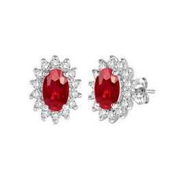 7.10 Carats Oval Ruby And Round Natural Earth Mined Diamonds Studs Earring White Gold 14K