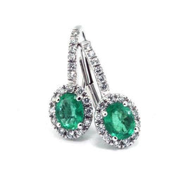 7.36 Carats Green Emerald With Natural Earth Mined Diamonds Dangle Earrings White Gold 14K