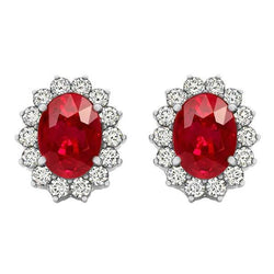 7.50 Ct Oval Ruby With Round Diamonds Studs Earrings White Gold 14K