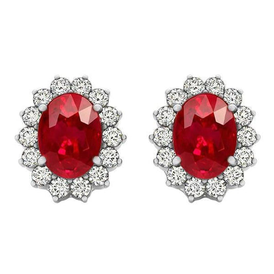 7.50 Ct Oval Ruby With Round Diamonds Studs Earrings White Gold 14K - Gemstone Earring-harrychadent.ca