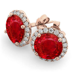 7.50 Ct Round Red Ruby And Halo Natural Earth Mined Diamond Stud Earring Rose Gold