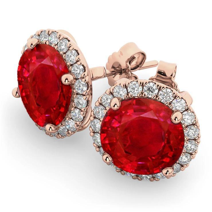 7.50 Ct Round Red Ruby And Halo Diamond Stud Earring Rose Gold - Gemstone Earring-harrychadent.ca