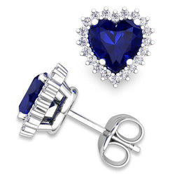7 Ct Blue Sapphire & Round Diamonds Lady Studs Earring White Gold