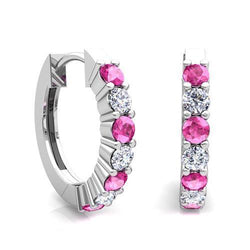 7 Ct Pink Sapphire And Natural Earth Mined Diamonds Ladies Hoop Earrings Gold White 14K