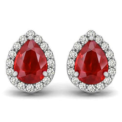 8.60 Ct Ruby And Natural Earth Mined Diamonds Studs Halo Earrings White Gold 14K