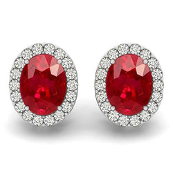 8.80 Ct Ruby And Natural Earth Mined Diamonds Studs Halo Earrings Gold White 14K