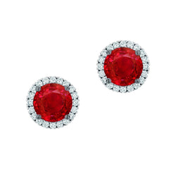 8 Carats Round Ruby And Natural Earth Mined Diamond Halo Stud Earrings White Gold 14K
