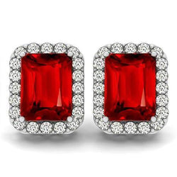 9.50 Carats Emerald Ruby & Natural Earth Mined Diamond Halo Stud Earrings 14K Gold