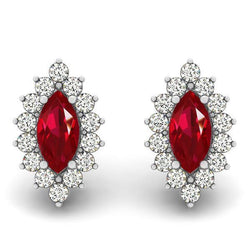 9 Carats Marquise Ruby With Natural Earth Mined Diamonds Studs Earrings White Gold 14K
