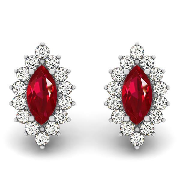 9 Carats Marquise Ruby With Diamonds Studs Earrings White Gold 14K - Gemstone Earring-harrychadent.ca