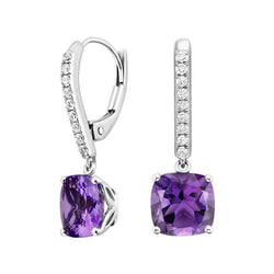 Amethyst & Diamond Dangle Earrings Prong Set 10.18 Ct. White Gold 14K