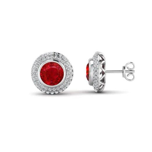 Bezel Set 5.20 Carats Ruby And Diamonds Studs Earrings White Gold - Gemstone Earring-harrychadent.ca