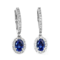 Blue Oval Sapphire & Natural Earth Mined Diamond 3.06 Carats Drop Earring White Gold 14K