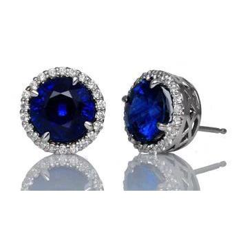 Blue Sapphire Halo Diamond Stud Earring Gold White 14K 5 Carats - Gemstone Earring-harrychadent.ca