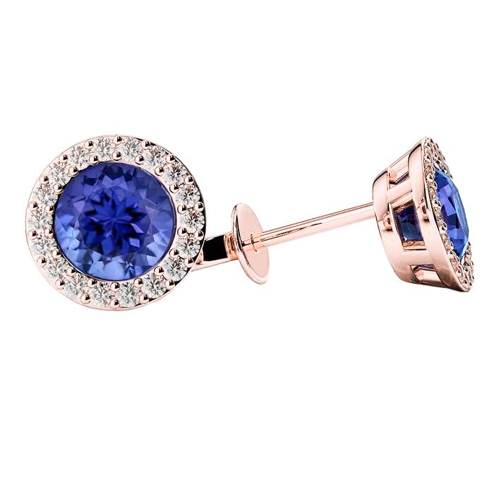 Blue Tanzanite And Diamonds Round Cut 5.50 Carats Studs Earrings 14K - Gemstone Earring-harrychadent.ca