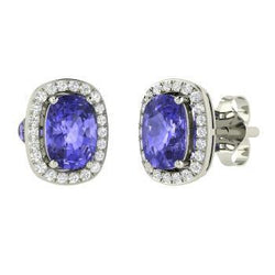 Blue Tanzanite With Halo Natural Earth Mined Diamond Stud Earrings 5.50 Carat White Gold
